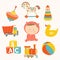 Baby girl with toys : ball, blocks, rubber duck, rocking horse, toy train, pyramid, spinning top, toy truck.