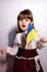 Baby Girl Ukrainian in embroidery dress protesting war conflict raises national flag