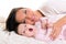 Baby girl yawning open mouth with mother care near