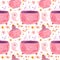 Baby Halloween seamless pattern with pink ghosts, cauldron and witch potions