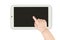 Baby hand pointing white tablet computer