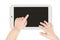 Baby hand pointing white tablet computer