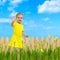 Baby happy flowers garden background waving hello