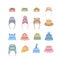 Baby hats caps panamas hair bands color line icons