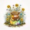 Baby Highland Cow Surrounded by Springtime Blooms: A Beautiful Garden Scene with Sunflowers and More AI Generated