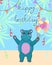 Baby hippo birthday card, cute birthday greeting card with african hippo, colorful balloons and background