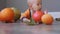 baby infant in orange suit lying on the floor with organic vegetable pumpkins