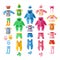 Baby infant vector illustration clothes textile icons set design fabric dress child garment wear set