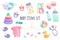 Baby items icon set in realistic 3d design. Bundle of diaper, pacifier, powder, cream, bottle, clothes, toys and other. Newborn