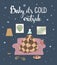 Baby its cold outside handwritten quote, cute humor winter card with person sitting on couch under blanket