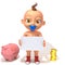 Baby Jake with piggy bank and coins 3d illustration