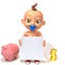 Baby Jake with piggy bank and coins 3d illustration