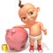 Baby Jake with piggy bank and coins 3d illustration