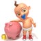 Baby Jake with piggy bank and coins 3d illustration