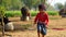 Baby kid in Red ornamented dress. Joyful kid footage in countryside Indian farmland