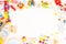 Baby kids toy background. Wooden educational, musical, sensory, sorting and stacking toys, abacus, train, rainbow