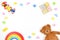 Baby kids toys background. Wooden educational geometric stacking blocks toy, wooden train, rainbow, teddy bear and