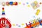 Baby kids toys background. Wooden educational toys, train, rainbow, airplane, blocks, construction tools and set of toy