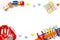 Baby kids toys background. Wooden educational toys, train, rainbow, airplane, blocks, construction tools and set of toy