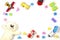 Baby kids toys frame with teddy bear, airplane, train and wooden and plastic toys on white background. Top view