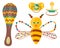 Baby kit. A rattle  and pacifier. Maracas rattle. Bee picture. Vector illustration in brown shades.