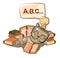 Baby Kitten sleeps on books. Dreaming of a dream with letters. ABC. Childrens illustration. Nice. The baby animal fell