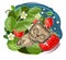 Baby Kitten sleeps under a bush of strawberries. Children's illustration. Ripe berry and starry night. The baby animal