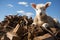 a baby lamb sitting on top of a pile of wood