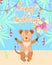 Baby lion birthday card, cute birthday greeting card with african lion, colorful balloons and background