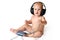 Baby listen walkman music in headphones play, he try danse