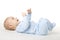 Baby Lying on Back, Happy Infant Kid Dressed in Blue Bodysuit
