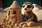 baby meerkat and sand castle, summer vacation at sea.