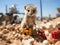 Baby meerkat on sandcastle in toy construction site