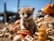 Baby meerkat on sandcastle in toy construction site
