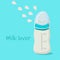Baby milk bottle on the light blue background with flying drops