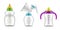 Baby milk bottles. Realistic plastic bottle with rubber pacifier, manual breast pump and drink container, newborn child