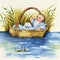 Baby Moses floating in a reed basket on the river Nile in Egypt, jewish and christian bible story, generative AI