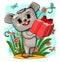 Baby Mouse carries gift to friend. Red box with ribbon and bow. Summer childrens illustration. On glade among flowers