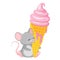 Baby mouse eating ice cream flat vector illustration