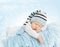 Baby New Born Hat Costume, Newborn Kid Sleeping on Blue blanket