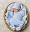 Baby Newborn Sleep in Basket, New Born Child Sleeping in Blue
