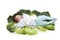 Baby newborn yawns in cabbage leaves