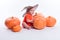 Baby in orange t-shirt on a white background sitting in a witche