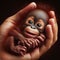 A baby orangutan held in the hand by people. Nature protection concept.