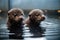 baby otters swimming in crystal-clear pool, their furry paws and tails visible