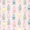 baby painted cats and footprints vector seamless pattern. Background in pastel colors for the nursery, baby products and fabrics