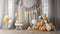 baby party decorations, designed with an ethereal and dreamlike atmosphere, a palette of light beige and light amber.