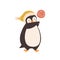 Baby penguin with lollipop vector flat illustration. Cheerful polar bird carrying candy on stick wearing warm knitted