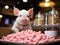 Baby pig in cinema setup with popcorn