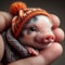 A baby pig held in the hand by people. Animal protection concept.